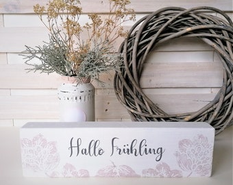 Wende-Holzschild, Holz-Aufsteller, Deko Wende-Schild beidseitig gestaltet "Hallo Frühling - Hallo Sommer"