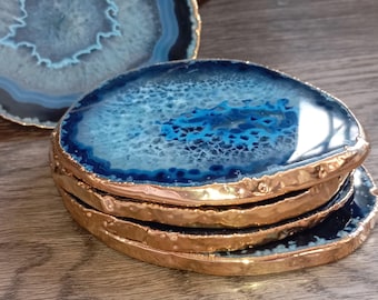Blue Agate Coasters, Agate Table Coasters for Home Decor, Drinkware Coaster, Crystal Coasters, Gold Electroplated