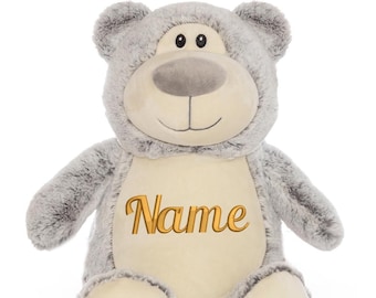 Stofftier Kuscheltier personalisiert Teddybär grau bestickt Motiv Name