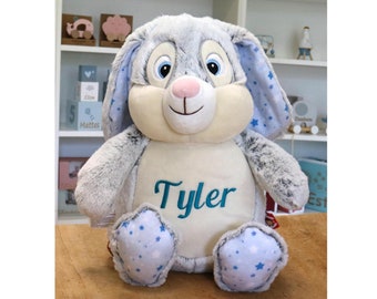 Peluche doudou personnalisé lapin étoiles bleu motif brodé prénom