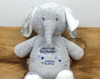Stofftier mit Name bestickt personalisiertes Kuscheltier Elefant grau Stickmotiv Schutzengel
