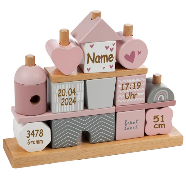 Personalisiertes Steckspiel * Babygeschenk Geburt * Steckspiel Haus mit Geburtsdaten graviert * als Taufgeschenk * rosa