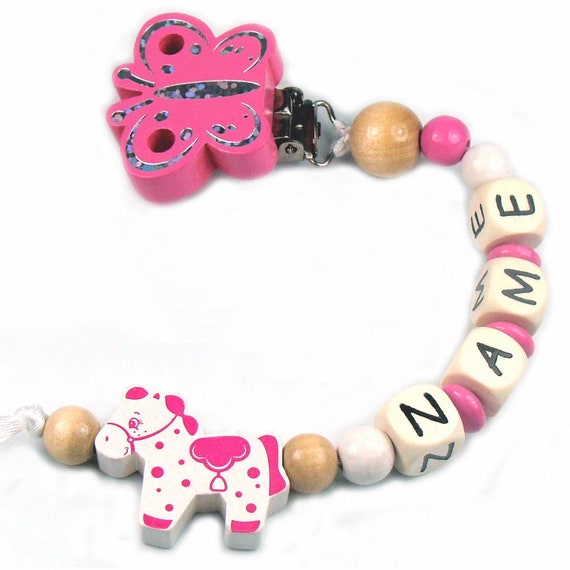 PREMIUM Schnullerkette mit Namen HOLZ Modell Boot Anker pink