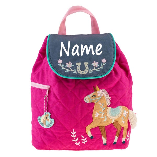 Personalisierter Rucksack für Kinder 8 Liter Kindergartenrucksack aus Baumwolle mit Namen bedruckt Motiv Pferd pink