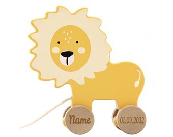 Personalized pull toy with name * Pull along toy lion * Push toy for birth