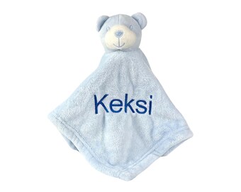 Schnuffeltuch Kuscheltuch personalisiert mit Namen bestickt Bär hellblau