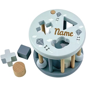 Personalisiertes Steckspiel Sortierspiel Holz mit Name graviert Sortierbox ab 12 Monate Geschenk zur Geburt Baby Spielzeug hellblau