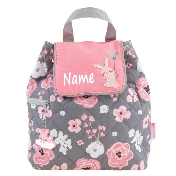 Personalisierter Rucksack für Kinder 8 Liter Kindergartenrucksack aus Baumwolle mit Namen bedruckt Motiv Hase/Blumen