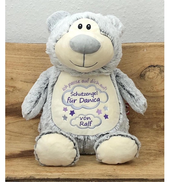 Personalisiertes Stofftier Kuscheltier mit Name Teddybär grau bestickt Motiv Schutzengel