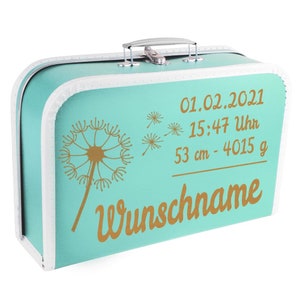 Baby Erinnerungsbox Koffer mit Namen und Geburtsdatum graviert Modell Pusteblume