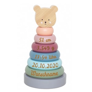 Peut inclure: Un jouet d'empilage en bois avec une tête d'ours sur le dessus. Les anneaux sont peints dans des couleurs pastel et portent les informations suivantes : 51 cm, 3,549 g, 17:54 Uhr, 20.10.2020, Wunschname.
