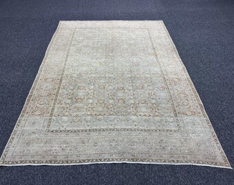 Alfombra vintage turca azul y beige descolorida 6-9 x 8-9