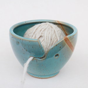 Yarn bowl green with stripes in caramel brown, ceramic