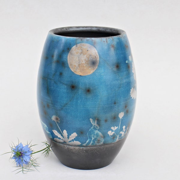 Vase Helle Mondnacht, Raku mit Cyanotypie