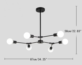Modern Sputnik Chandelier - Ceiling Light Fixture Height Adjustable Mid Century Plating Finished Black and Gold Chandelier for Living Room