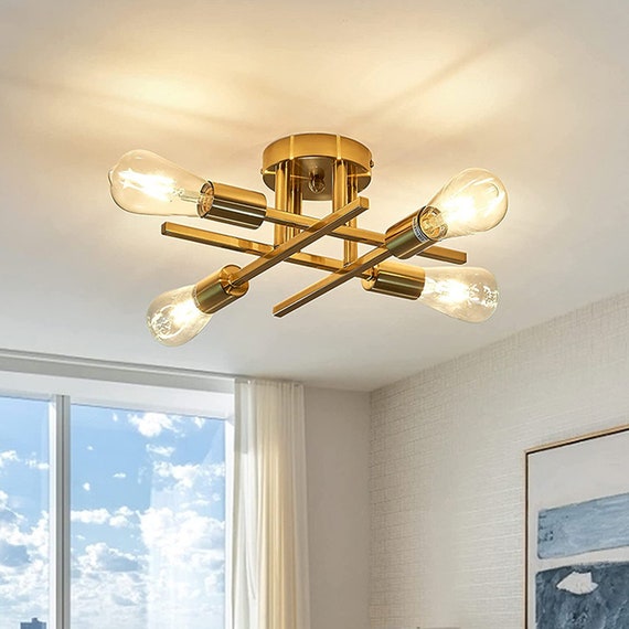Speciaal omzeilen Geef energie Semi inbouw plafondlamp gouden metalen kroonluchter 4-lichts - Etsy België