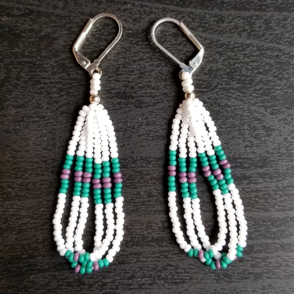 Native American Beaded Earrings, White Beaded Earrings, Native American Handmade Beaded White/Teal/Purple Earrings