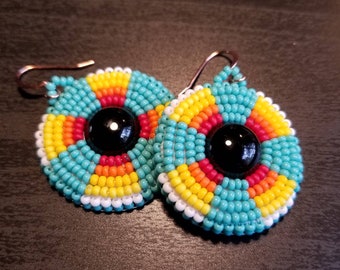 Native American Black Onyx And Seed Bead Earrings