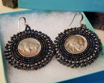 Buffalo Nickel Native American Beaded Earrings