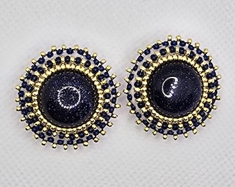 Native American Navy & 24k Gold Seed Bead Earrings