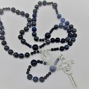 Padre Pio Semi Precious Lapis with Large Face of Christ front and Satan Get Thee Behind Me back, Italian silver crucifix & center