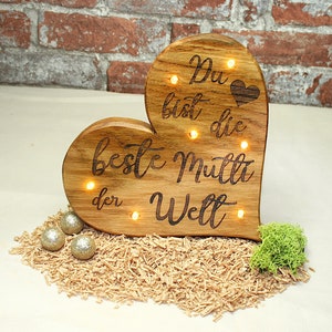 Heart made of oak wood with the inscription best mom and LED lighting Mother&#39;s Day gift wooden heart mother