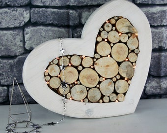 Dekoherz mit LED-Beleuchtung Beleuchtung Holz Holzscheiben Herz Deko Baumscheiben Hochzeit Geschenk Individuell Muttertag beleuchtet