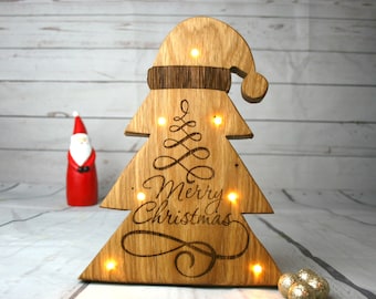 Tree with oak cap and LED lighting Wood decoration Christmas poison