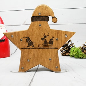 Wooden star made of oak with motif and lighting Wooden decoration star Christmas decoration