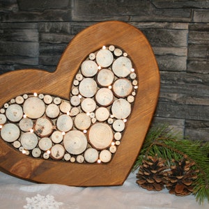 Corazón decorativo con iluminación LED, iluminación de madera, discos de madera, corazón, discos decorativos para árboles, regalo de boda, iluminado individualmente para el Día de la Madre