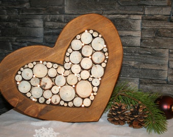 Decorative heart with LED lighting Lighting Wood Wooden discs Heart Decoration Tree discs Wedding Gift Individual Mother's Day illuminated