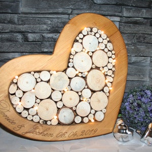Decorative heart with LED lighting and individual engraving Lighting heart decoration tree slices wedding gift individual Mother&#39;s Day illuminated