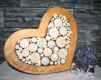 Decorative heart with LED lighting and individual engraving Lighting heart decoration tree slices wedding gift individual Mother's Day illuminated
