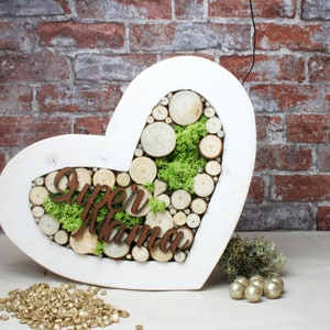 Decorative Heart with LED Lighting and Lettering Supermama Wooden Discs Heart Decoration Tree Discs Wedding Gift Individual Mother&#39;s Day