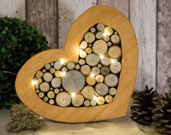Decorative heart with LED lighting Lighting wood Wooden discs Heart decoration Mother's Day Wedding gift Individual Battery illuminated wooden heart