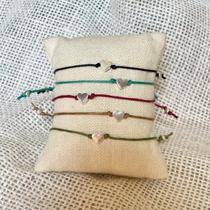 adjustable tiny heart bracelet / silver charm bracelet / boho cord bracelet / valentines bracelet