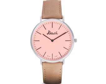 Lichtroze horloge met beigebruine band van 18 mm | Groot plat dameshorloge pasteltinten | Kauai-horloges