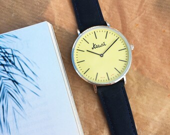 Minimalist men watch | Yellow and navy blue wrist watch | Steel case and leather strap | Flat analog watches | Enjoy every minute!