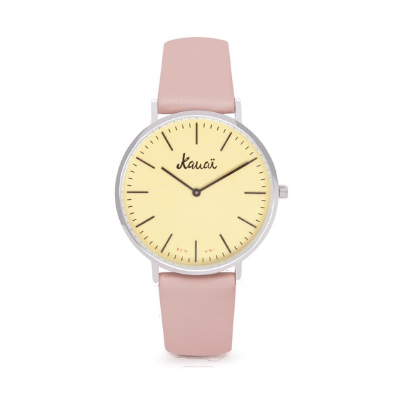 Ladies Watch in Pretty Pastel Tones Minimalist Yellow and Pink Women Watch  With Steel Case and Plain Leather Strap - Etsy