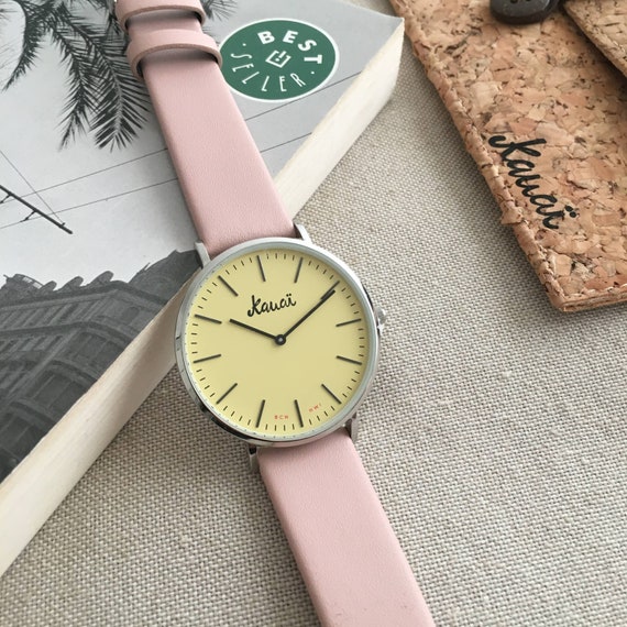 Ladies Watch in Pretty Pastel Tones Minimalist Yellow and Pink Women Watch  With Steel Case and Plain Leather Strap - Etsy