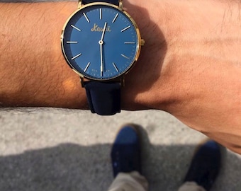 Navy Blue Unisex Watch With Leather Strap Flat Watch for Men or
