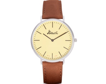 Men watch with yellow dial | Minimalist wrist watch | Brown leather strap watch | Steel case | Flat analog watches | Enjoy every minute!