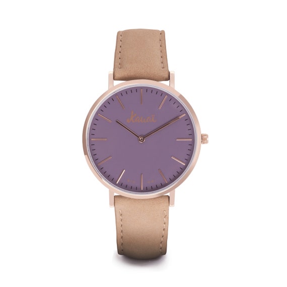 Women watch purple and rose gold case. Light brown leather strap and lilac mauve dial Purple and beige minimal watch waterproof