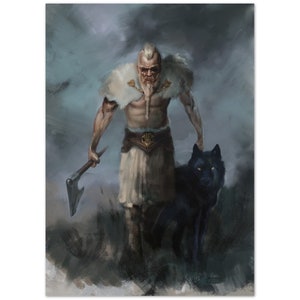 Impressão de arte de parede Guerreiro Viking | Pôster Viking | Pôster de arte gótica nórdica | Guerreiro Viking Ragnar e Lobo Fenrir por Lord Gibson