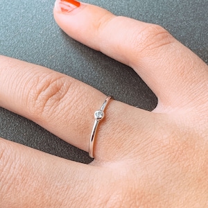 Sterling Silver Ring - Thin Silver Ring with Cubic Zirconia Stone - Tiny Solitaire Silver Stacking Ring - April Birthstone ring-Minimalist-