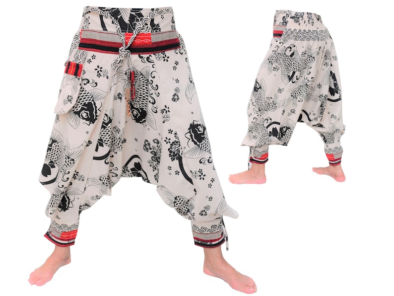 May include: White, black, and red patterned pants with a drawstring waist and a koi fish design. The pants have a wide leg and a loose fit.