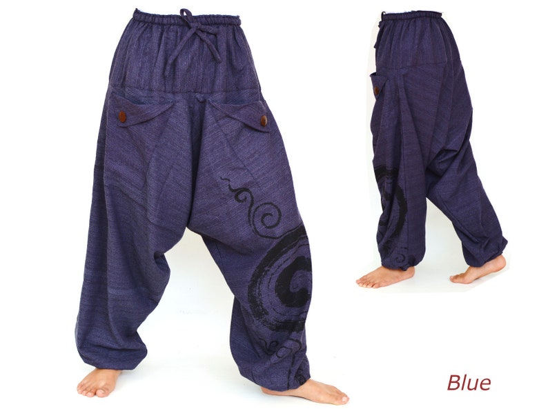May include: Blue cotton pants with a drawstring waist and two pockets. The pants have a black and white swirl design on the legs. The word "Blue" is written in red at the bottom of the image.