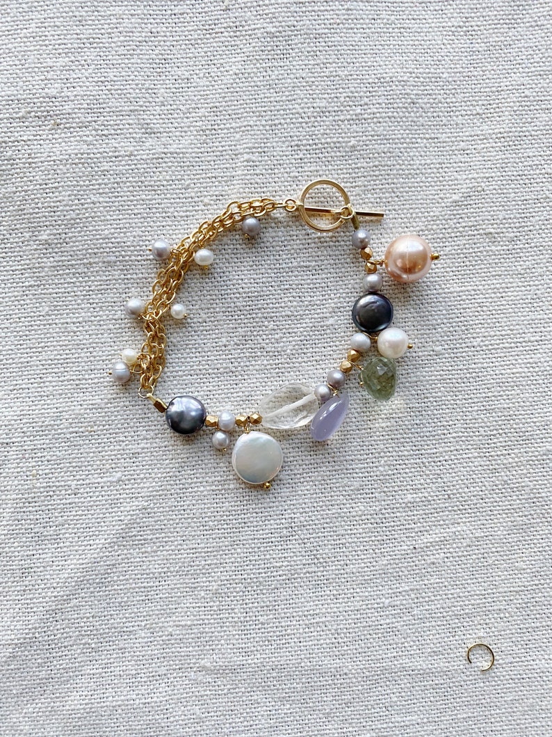 Lavender Chalcedony Gemstone Cluster Ametrine Bracelet with Freshwater Pearls