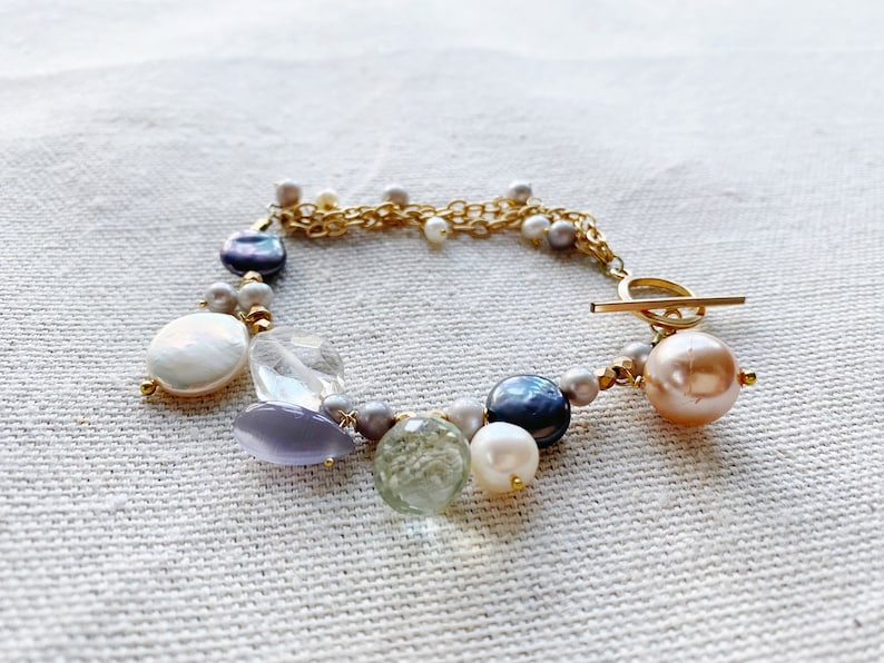 Lavender Chalcedony Gemstone Cluster Ametrine Bracelet with Freshwater Pearls