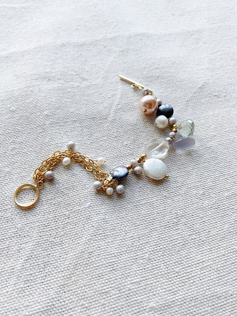 Lavender Chalcedony Gemstone Cluster Ametrine Bracelet with Freshwater Pearls